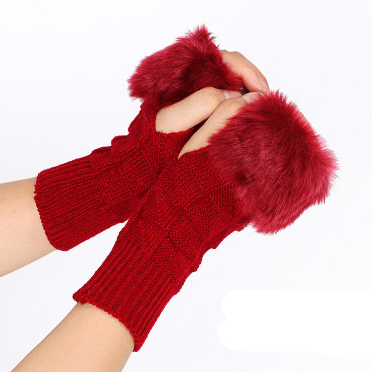 Knitted Gloves for Women Fur Mid Length Half Finger Computer