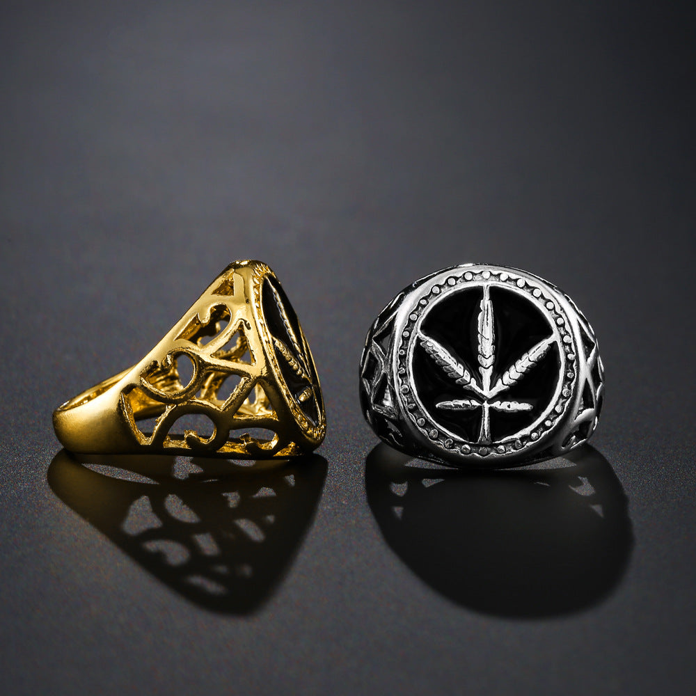 Anillos chapados en oro con gota de aceite de hoja de arce, anillos unisex de Hip Hop Hiphop