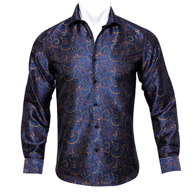 Camisas Barry.Wang Teal Paisley de seda Floral para hombre, camisas informales de manga larga de otoño con flores para hombre, camisa de vestir de diseñador, BCY-05