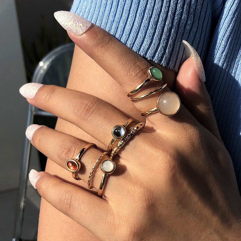 Anillos de dedo metálicos de piedra de colores, anillos combinados para mujeres y niñas