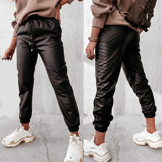 Women Solid Color Strapped Casual Leather Pants