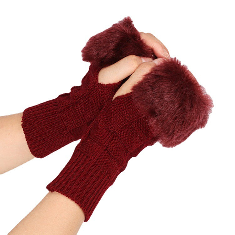 Knitted Gloves for Women Fur Mid Length Half Finger Computer