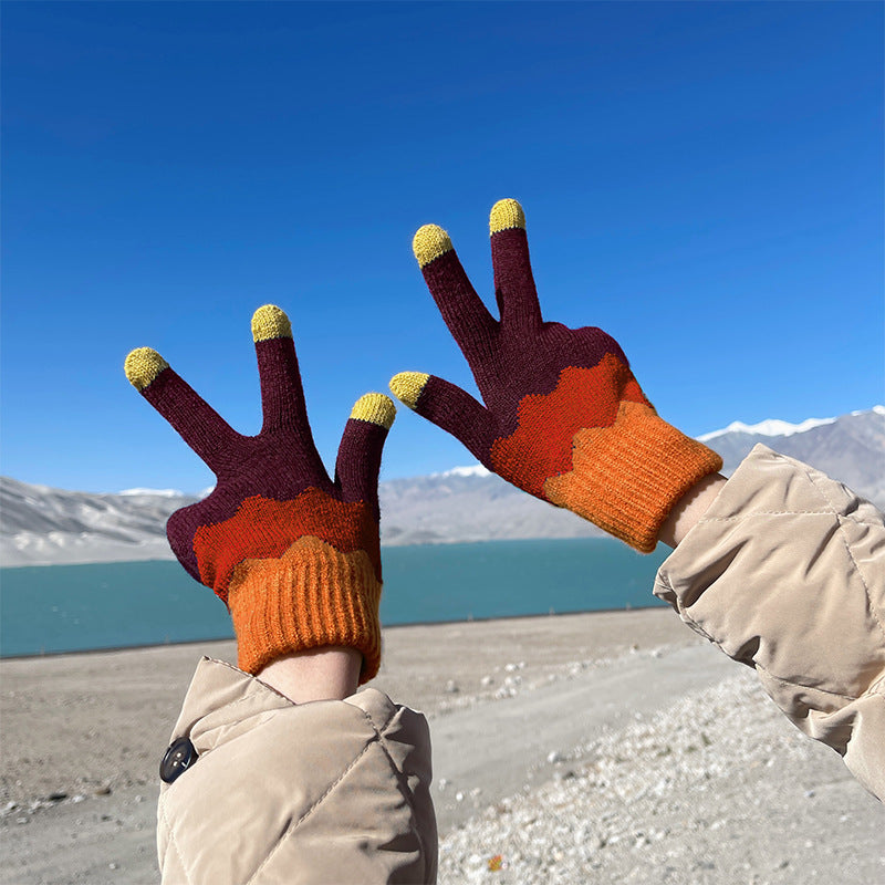 Otoño e invierno contraste de color lindo más guantes de punto de terciopelo mujeres