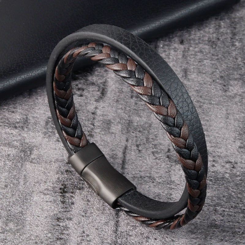 Leather Cord Stainless Steel Braided Bracelet Black Men