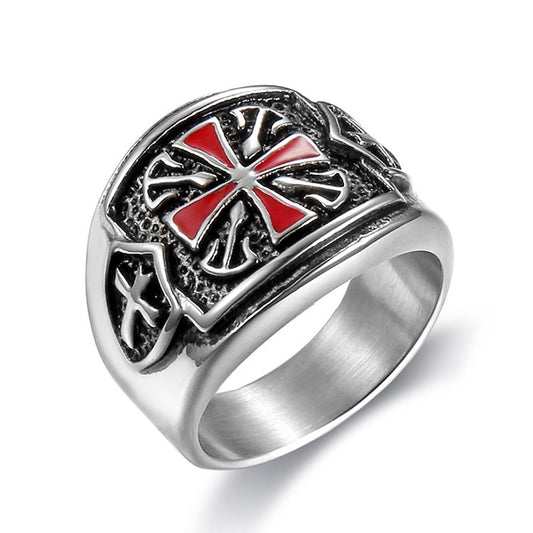 Anillos para hombre de acero inoxidable con escudo cruzado de los cruzados rojos Punk Hip Hop