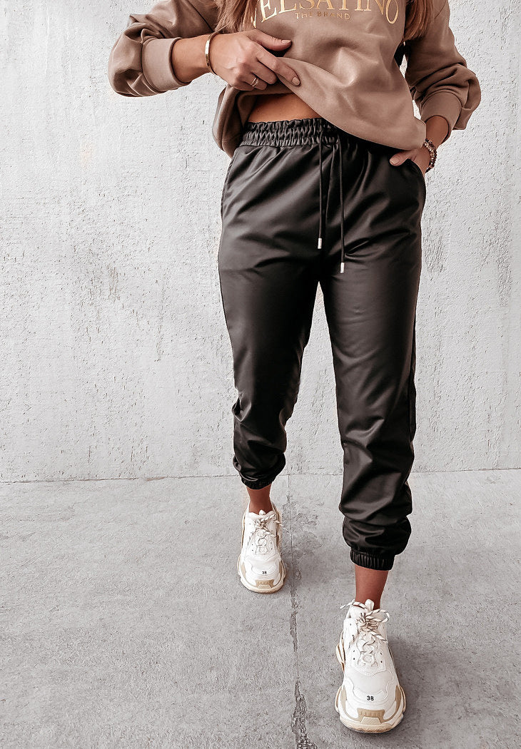 Women Solid Color Strapped Casual Leather Pants