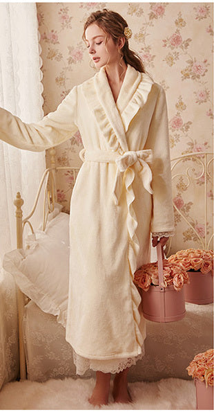 Autumn Winter Women Sleepwear Flannel Robe Thicken Ruffle