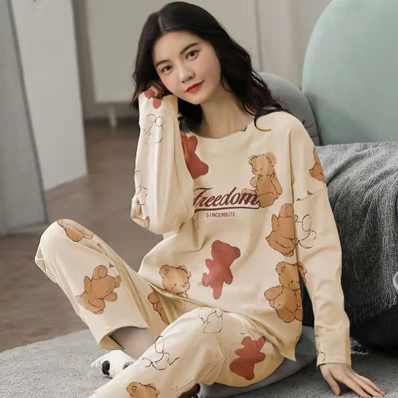 Conjunto de pijamas para mujer, ropa de dormir con estampado de dibujos animados lindo, conjuntos de salón de 2 piezas