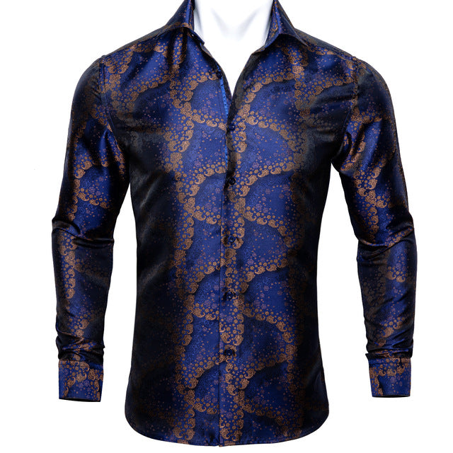 Camisas Barry.Wang Teal Paisley de seda Floral para hombre, camisas informales de manga larga de otoño con flores para hombre, camisa de vestir de diseñador, BCY-05