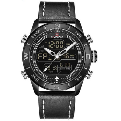 NAVIFORCE 9144 Relojes deportivos dorados a la moda para hombre, reloj Digital analógico LED para hombre, reloj de cuarzo Cuero militar del ejército, reloj Masculino