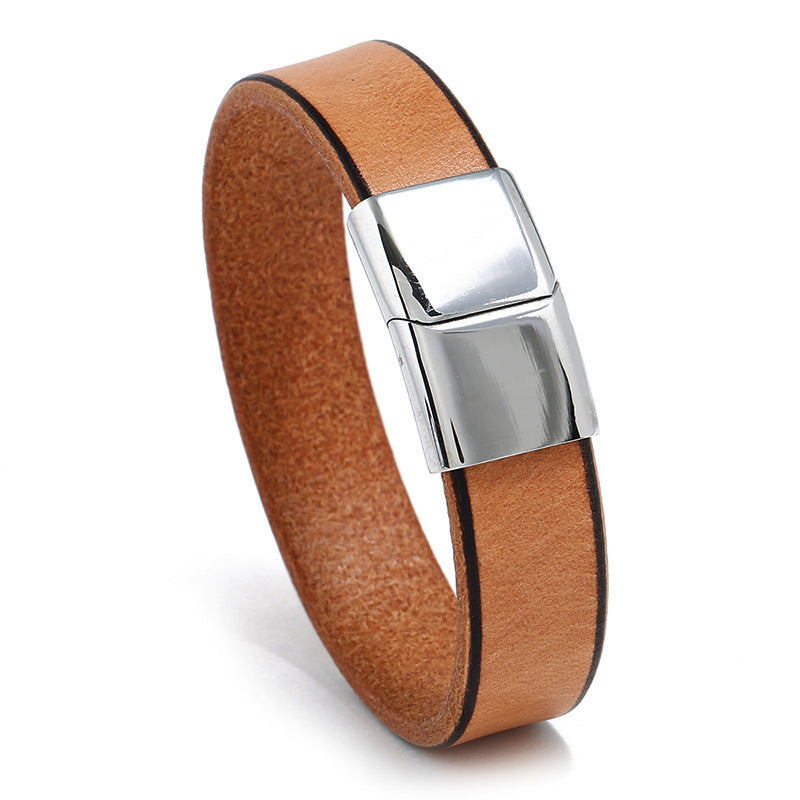 Fashion Cowhide Stainless Steel Leather Bracelet For Men