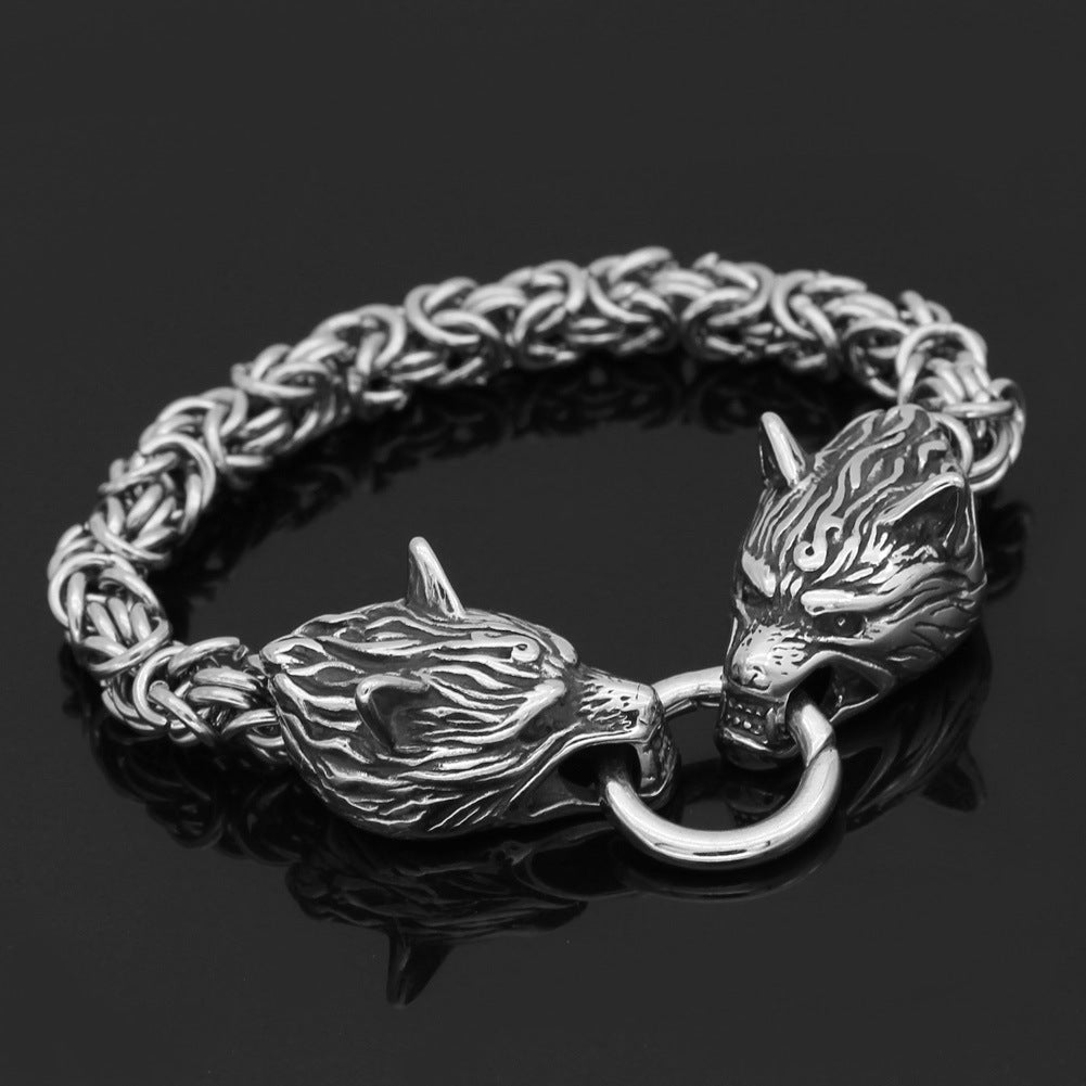 Pulsera de cadena de emperador con cabeza de lobo vikingo nórdico de acero inoxidable para hombre