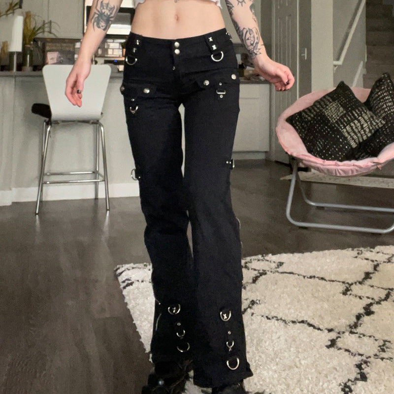 Dark Straight Leg Pants High Waist Street Casual Pants Women