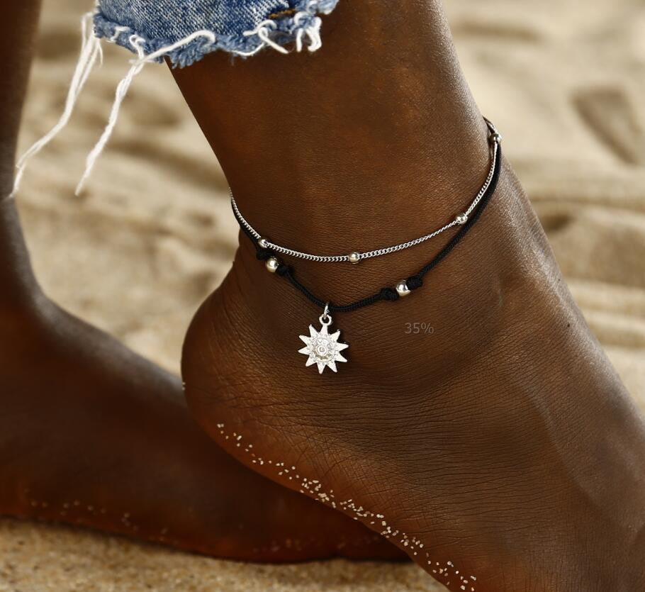 Tobilleras con colgante de sol para mujer, tobillera de concha con cuentas de piedra nuevas