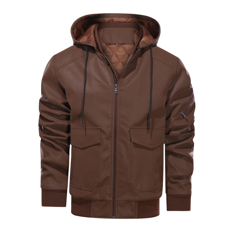 Men Leather Jacket Motorcycle PU Hooded Solid Thick Men Coats