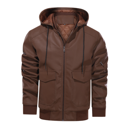 Men Leather Jacket Motorcycle PU Hooded Solid Thick Men Coats