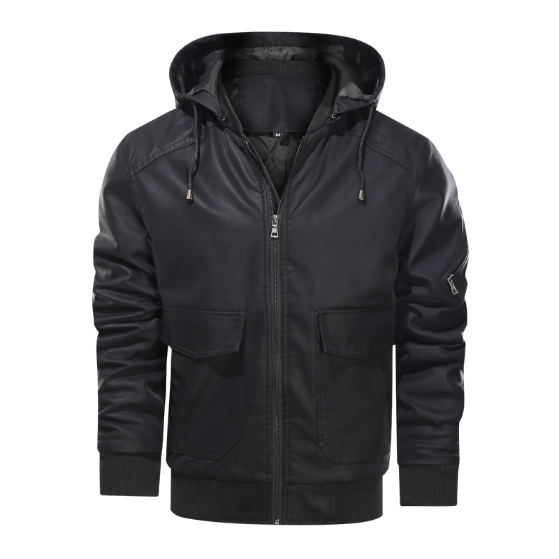 Men Leather Jacket Motorcycle PU Hooded Solid Thick Men Coats