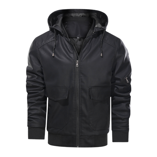 Men Leather Jacket Motorcycle PU Hooded Solid Thick Men Coats