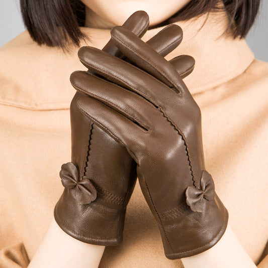 Guantes de cuero de oveja para otoño e invierno, guantes de cuero cálidas de terciopelo para mujer, bonito lazo rojo frío para conducir