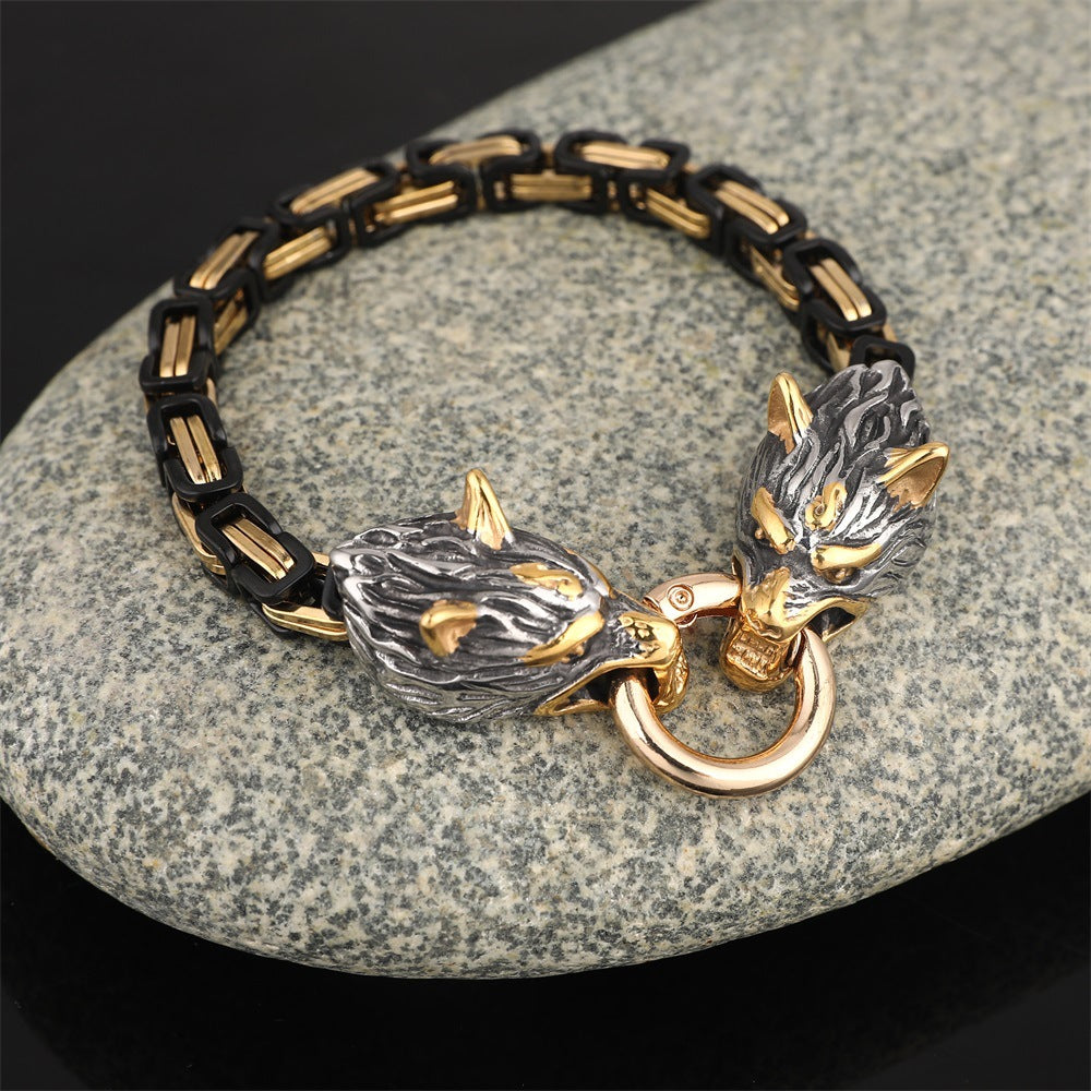 Pulsera de cadena de emperador con cabeza de lobo vikingo nórdico de acero inoxidable para hombre